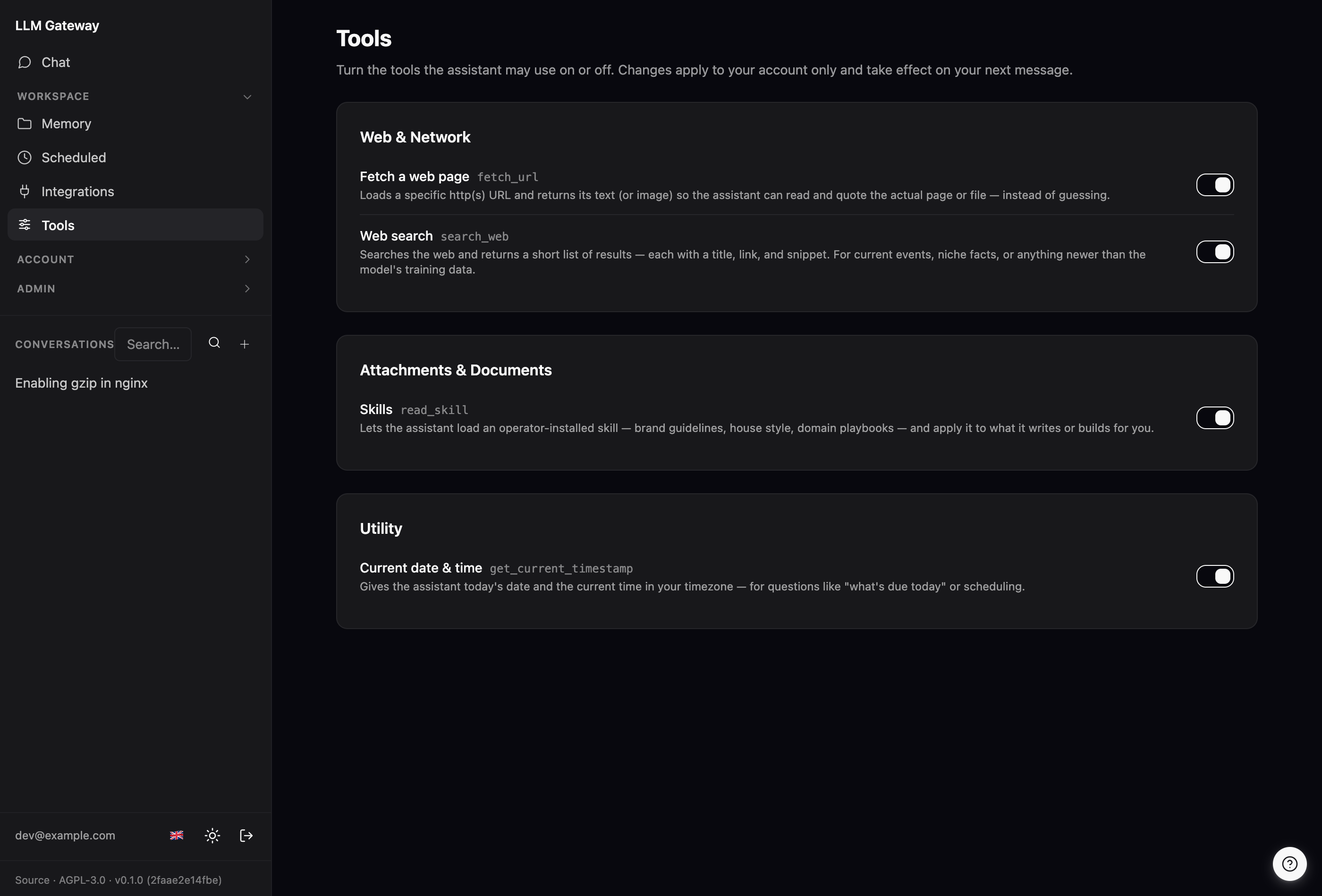 The /tools page: server-side tools grouped by category, each with its function name, a plain-English description, and a per-user on/off switch.