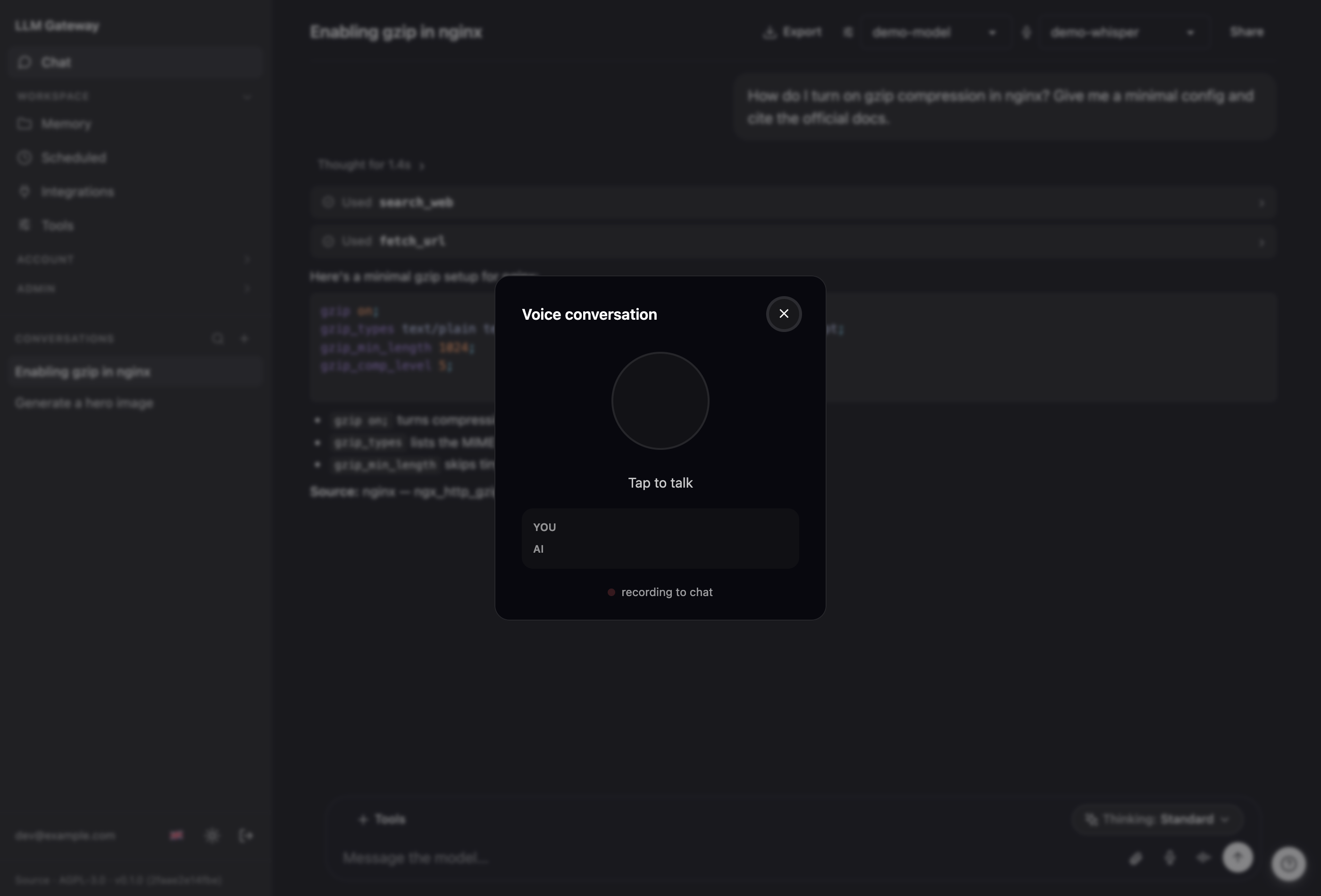 The voice conversation modal: a large push-to-talk button with a "Tap to talk" prompt, a running YOU / AI transcript, and a "recording to chat" indicator — everything said is also saved as an ordinary chat turn.