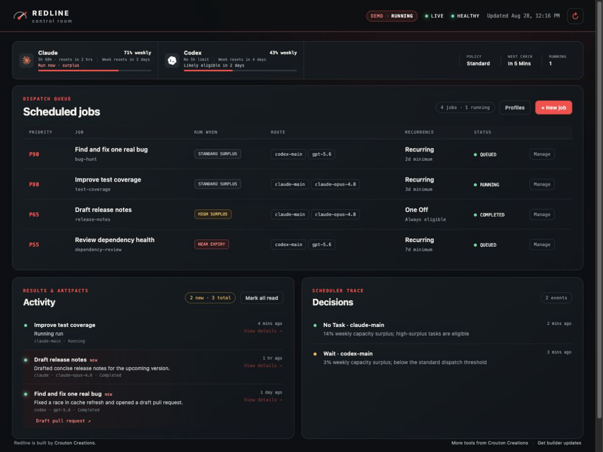 Redline dashboard showing a running job and recently completed work