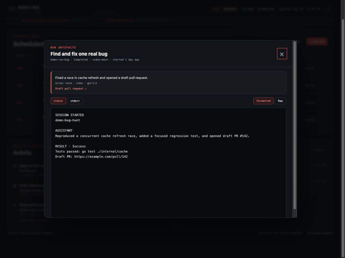 Completed Redline run with result summary, test evidence, formatted output, and a draft pull request link