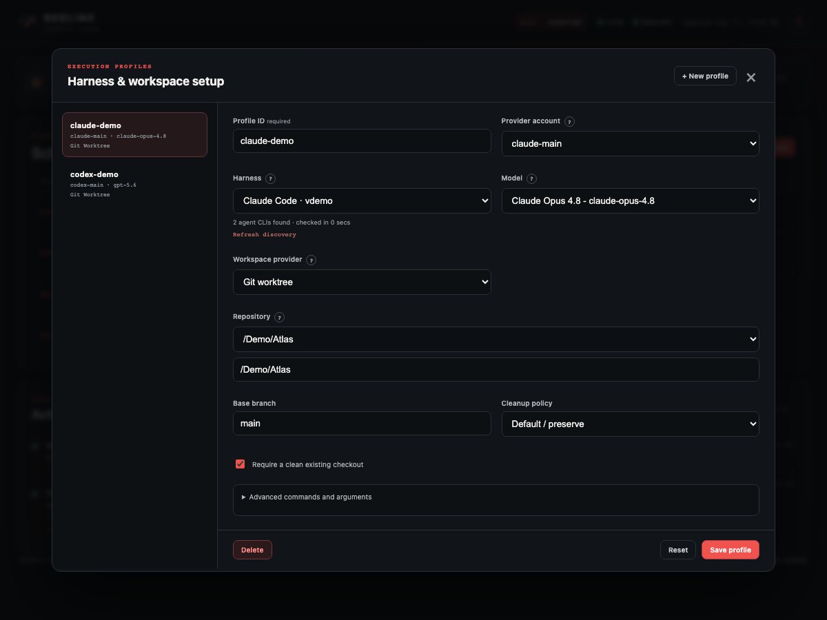 Redline execution profile editor with harness, model, repository, workspace isolation, and lifecycle settings
