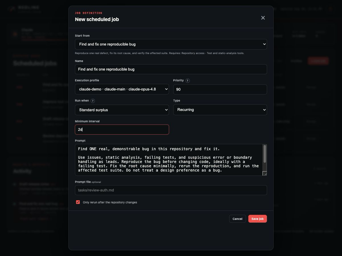 Redline job editor with task prompt, provider, priority, recurrence, and dispatch tier