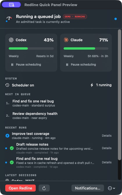 Native Redline quick panel showing provider allowance, one running job, queue, and recent work