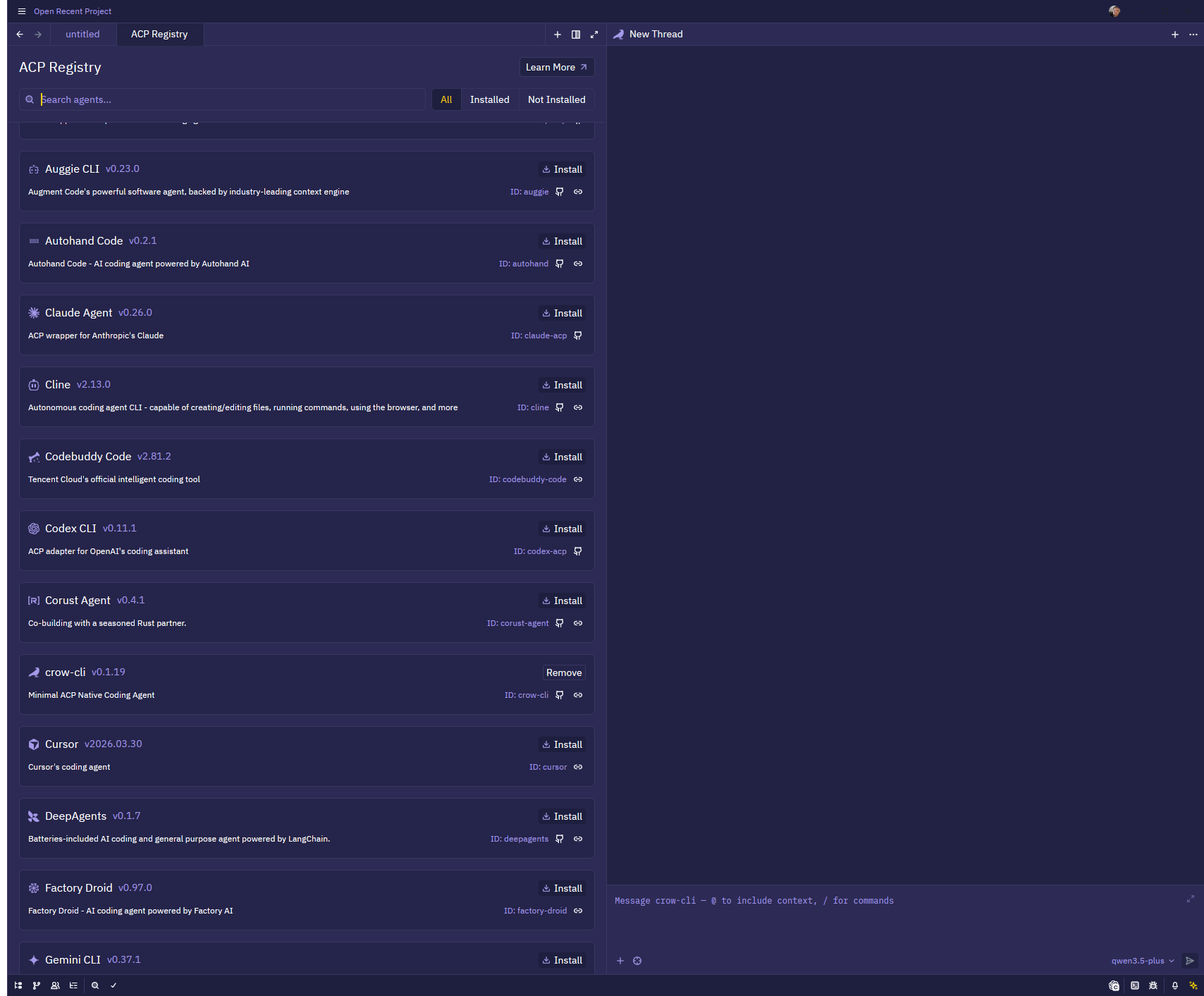 ACP Registry in Zed editor showing crow-cli and other agents