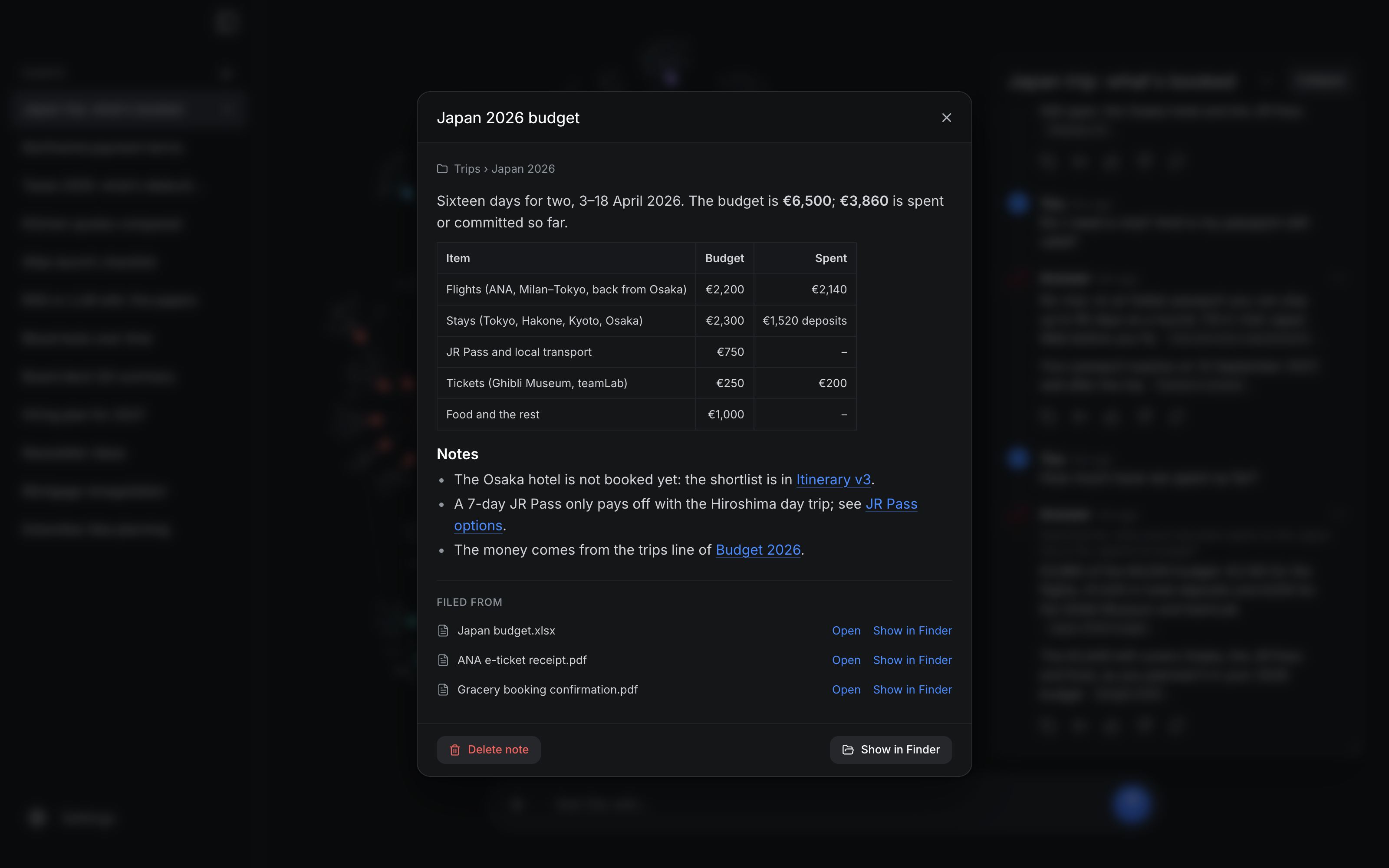A note open over the brain: a trip budget as a Markdown table, and the three documents it was filed from