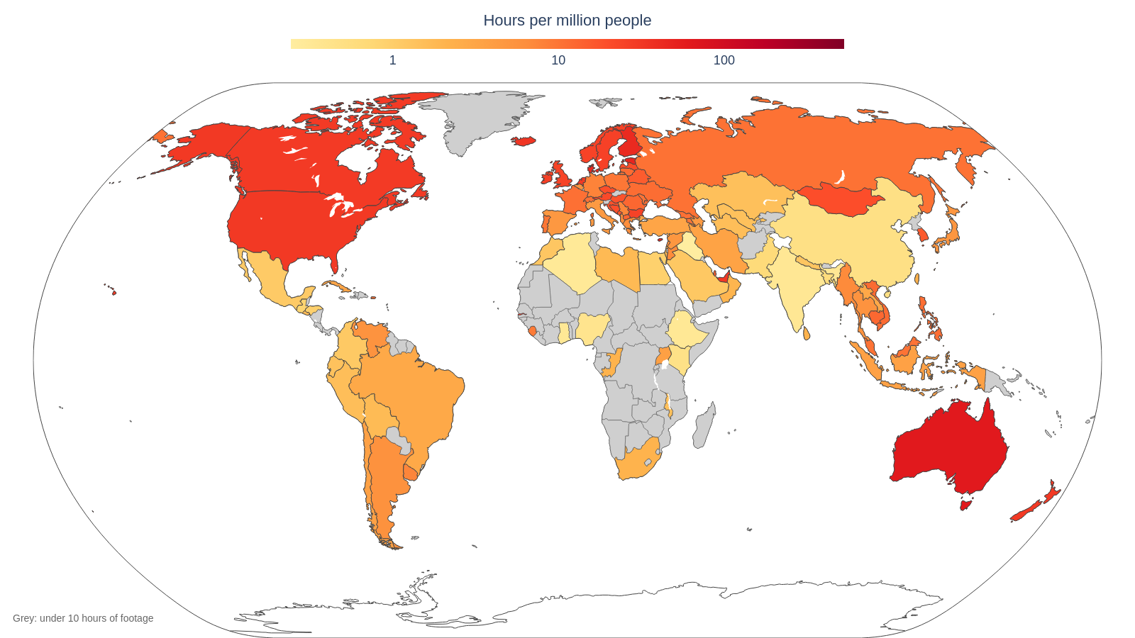 World map of the hours of footage per million inhabitants of each country