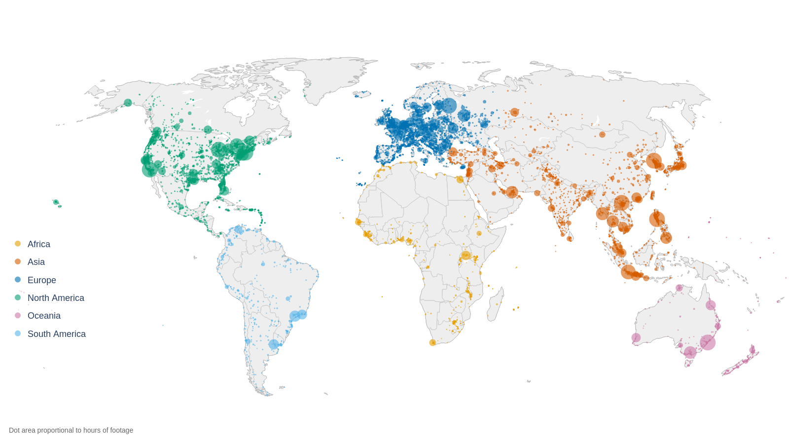 Map of the world with a dot for each town and city with footage in the dataset, sized by its hours of footage and coloured by continent