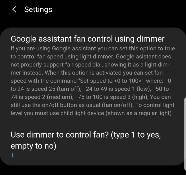 Dimmer as Fan Control settings