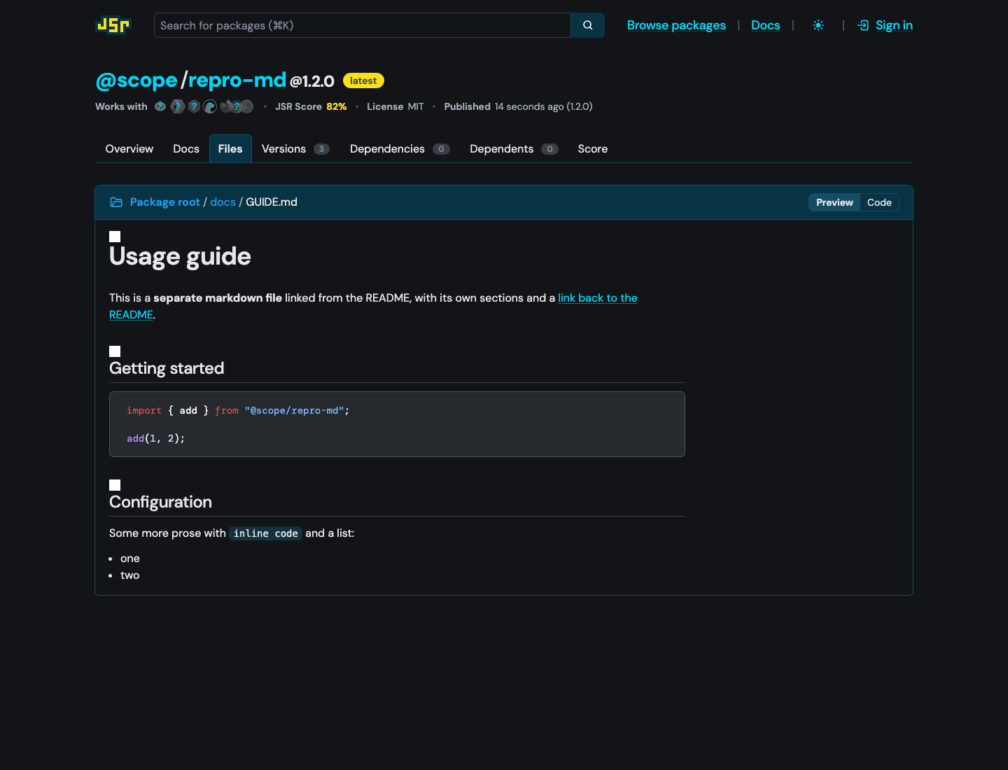 after: rendered markdown with Preview/Code toggle