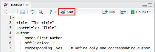 The *Knit* button in the RStudio.