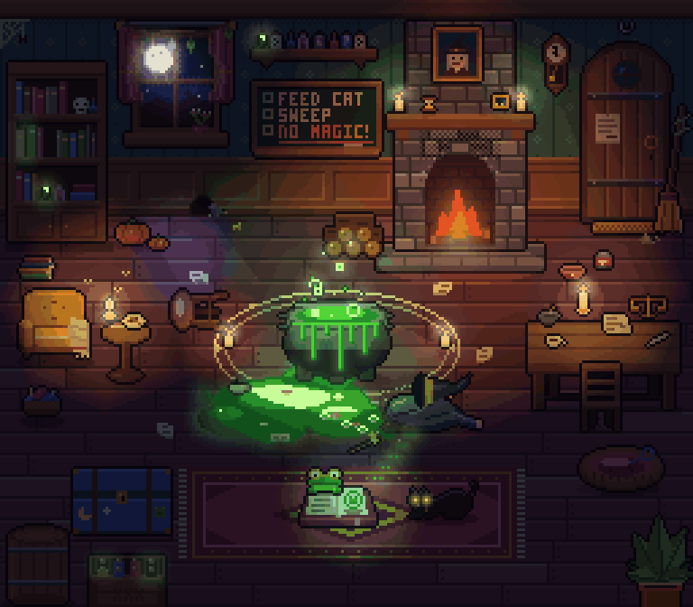 Animated witch's cottage at night: bubbling cauldron, fireplace, cat and frog