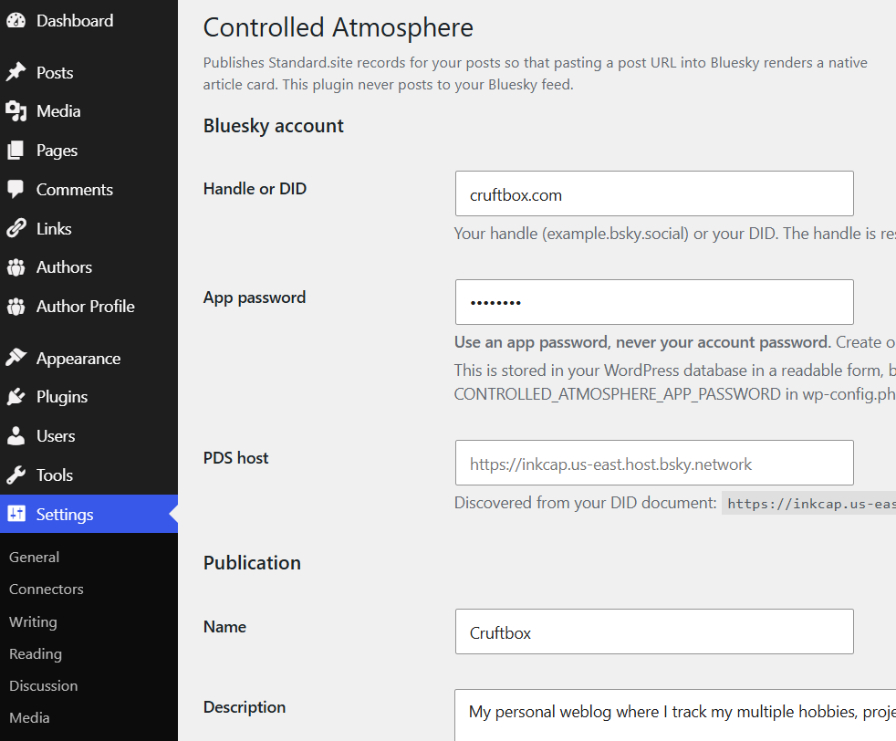 The Controlled Atmosphere settings screen in WordPress, showing the Bluesky
account fields for handle or DID, app password, and a PDS host discovered from
the DID document, above a Publication section with the site name and
description.