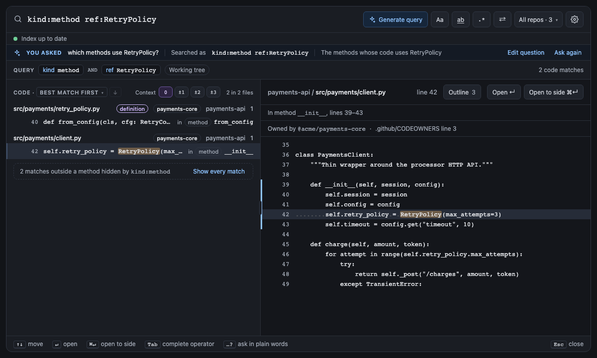 Built panel for ask-in-words: which methods use RetryPolicy? became kind:method ref:RetryPolicy