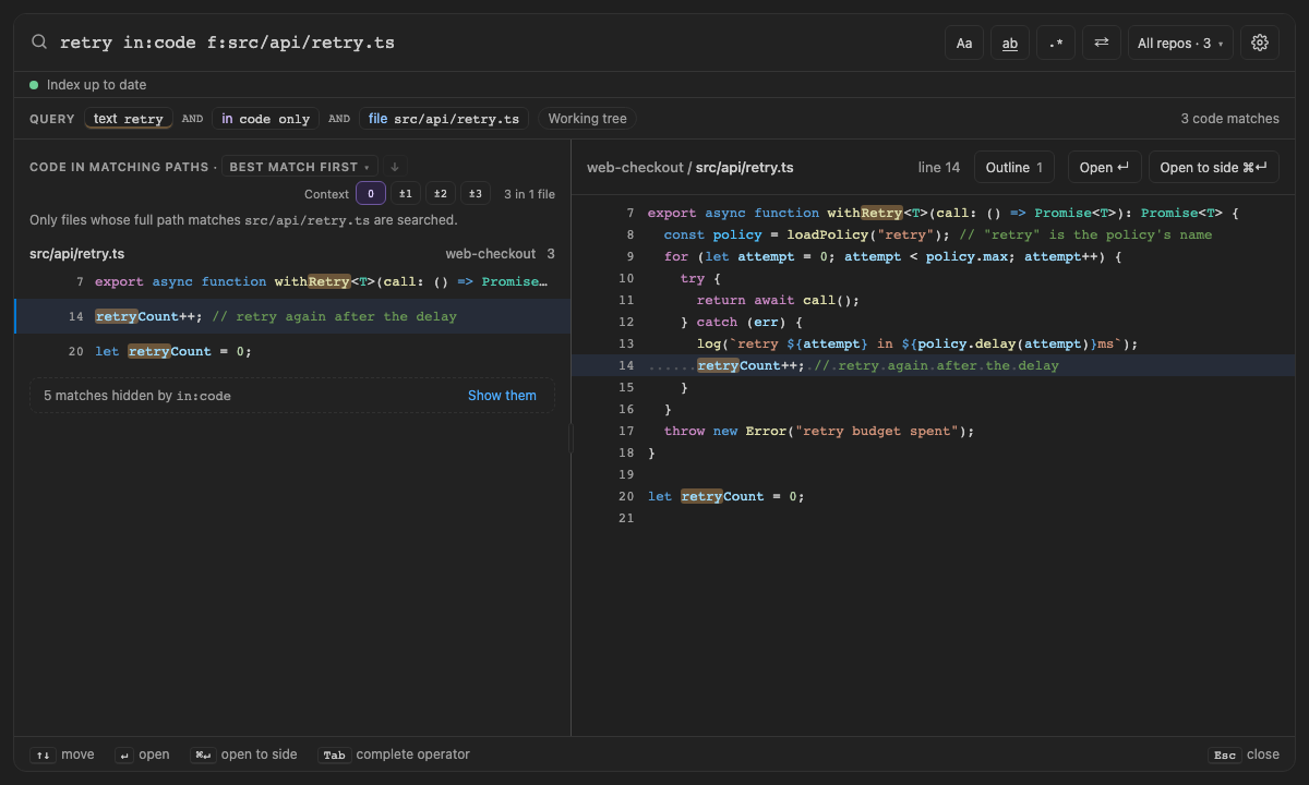 Built panel for comments-strings: retry in:code marks retryCount but not the retry in its comment