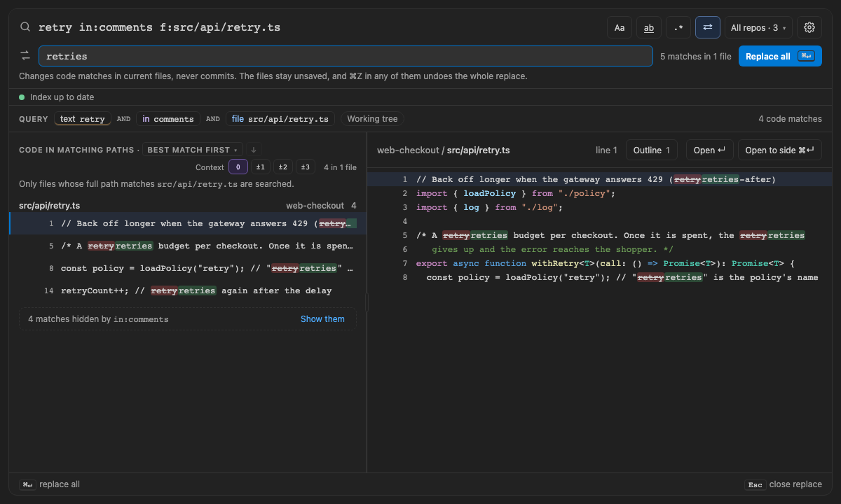 Built panel for comments-strings: Replace with in:comments changes only the matches in comments