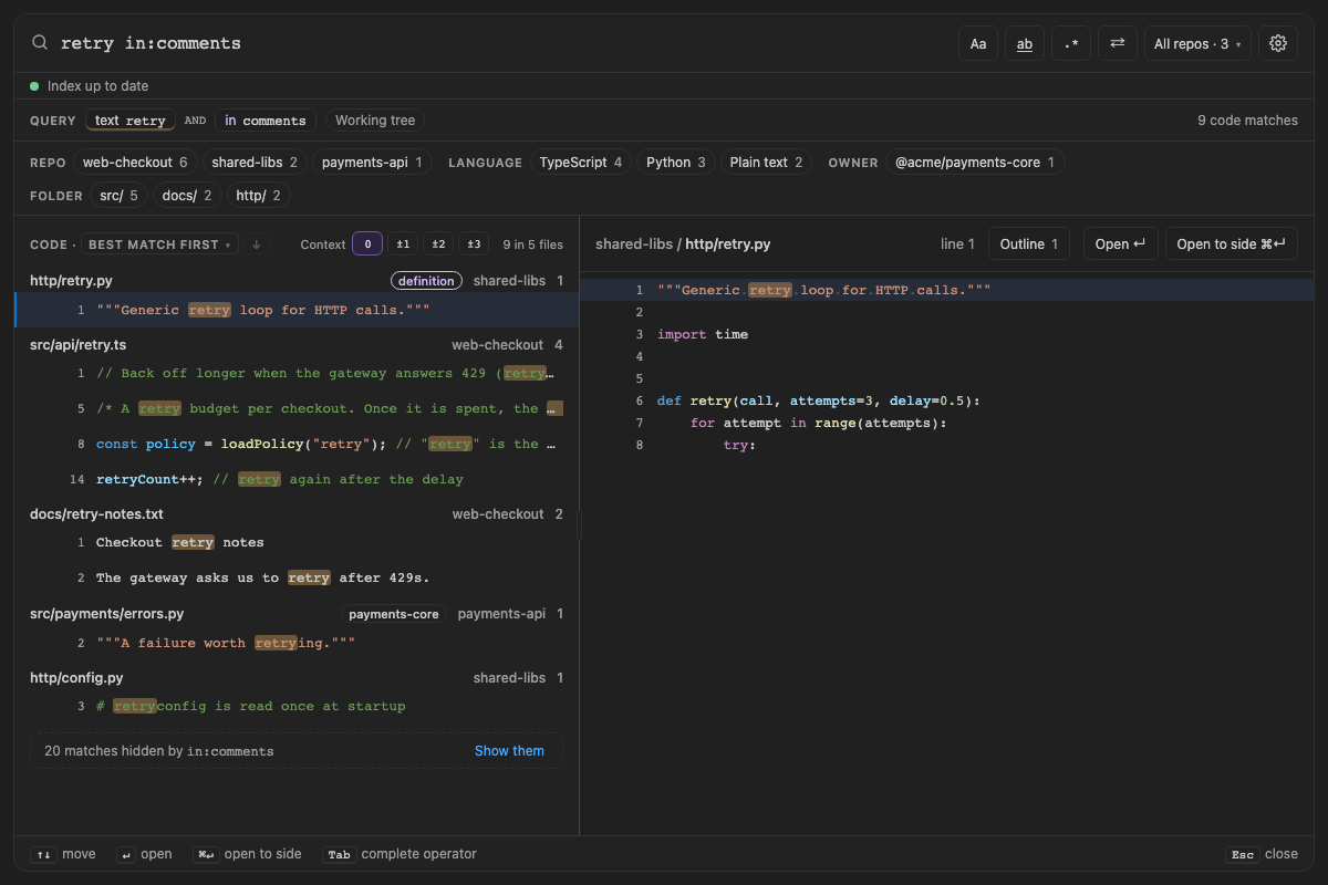 Built panel for comments-strings: retry in:comments keeps the matches in comments, with a note for the rest