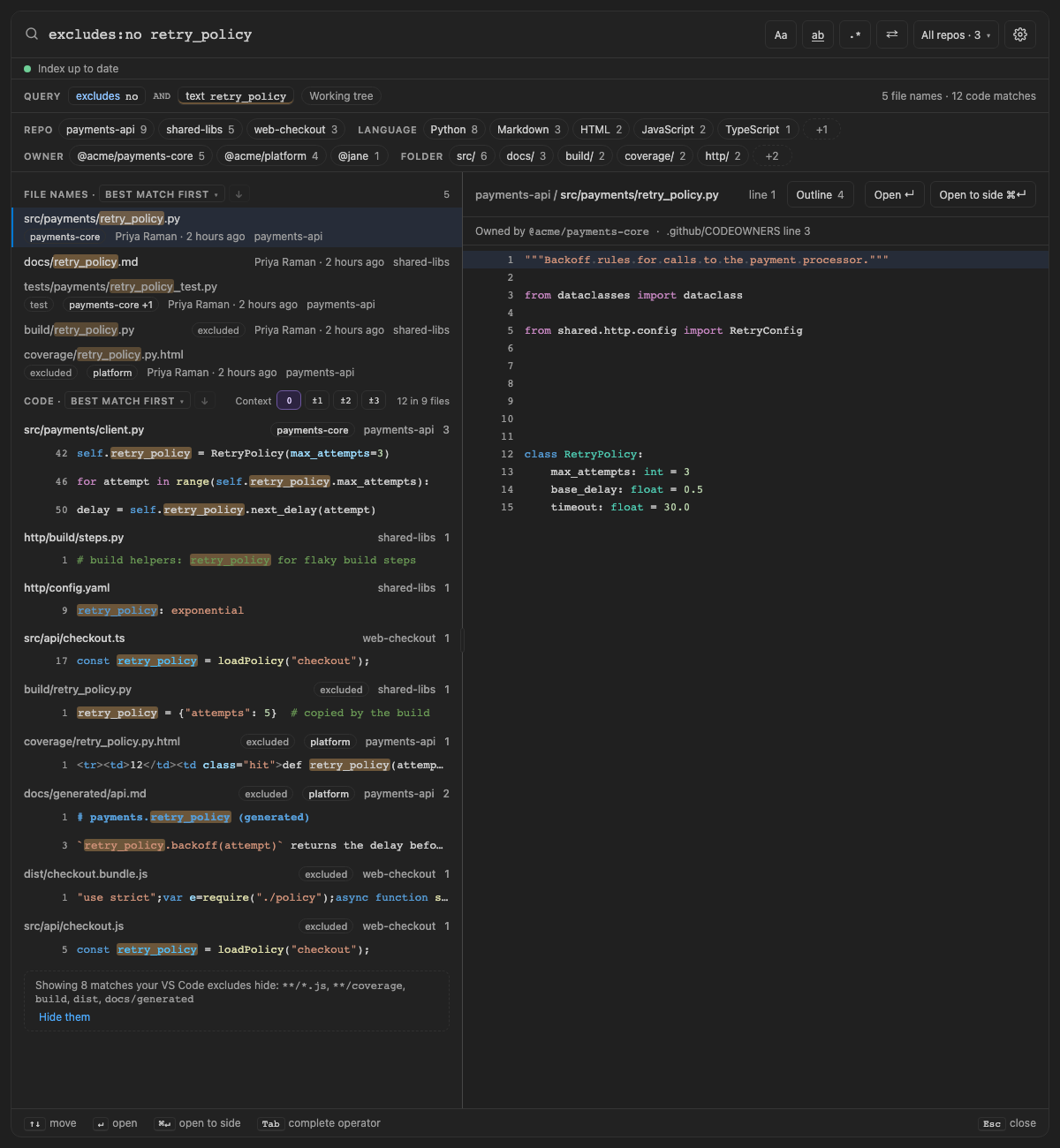 Built panel for editor-excludes: excludes:no retry_policy shows the hidden files last, marked excluded