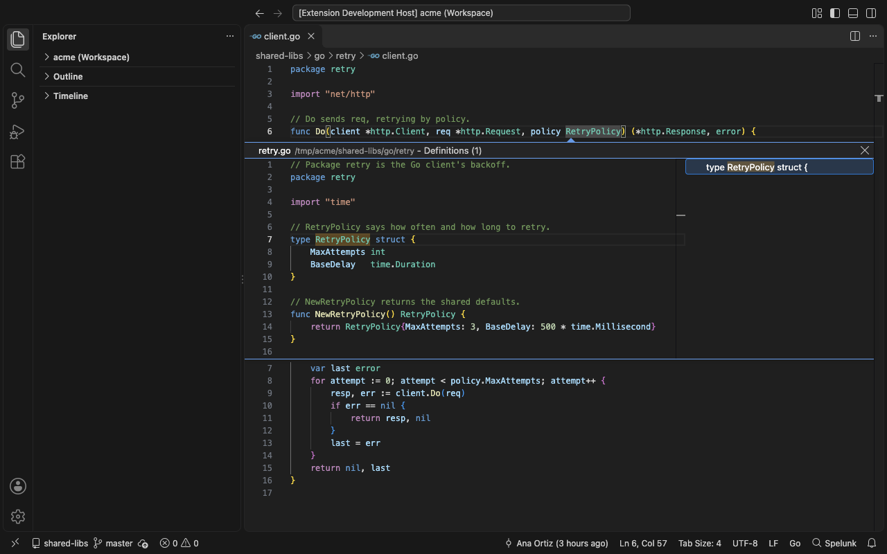 Built: Peek Definition on RetryPolicy in a Go file with spelunk.editor.definitions set to fallback shows the Go struct