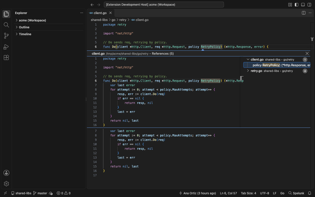 Built: Peek References on RetryPolicy in a Go file with fallback lists its uses in Go