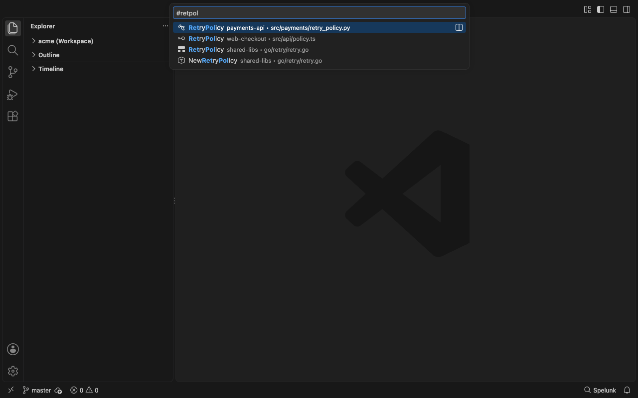 Built: ⌘T retpol lists RetryPolicy in Python, TypeScript and Go, and NewRetryPolicy, under Dark Modern