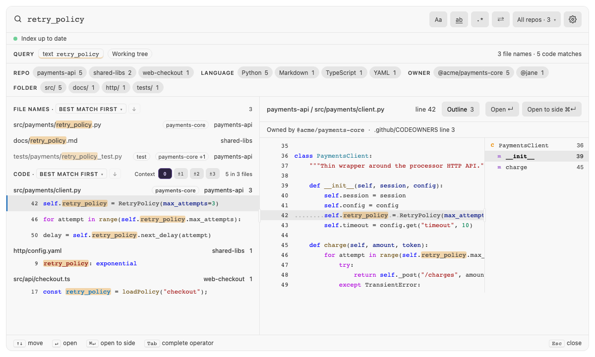 Built panel for file-outline: retry_policy's client.py with its Outline open, under Light Modern