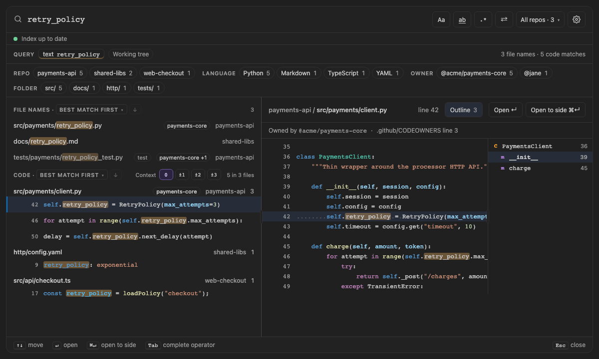 Built panel for file-outline: retry_policy's client.py with its Outline open, under Dark Modern