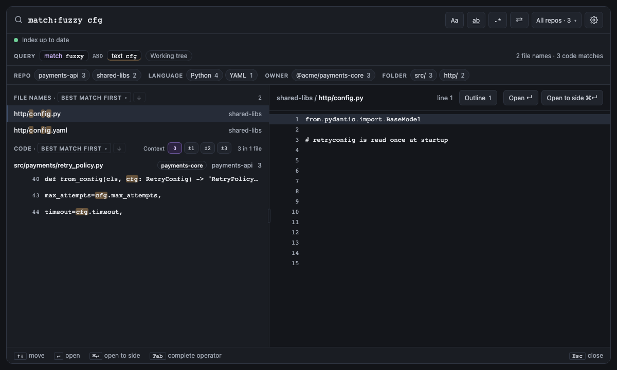 Built panel for fuzzy-file-names: match:fuzzy cfg finds config.py and config.yaml by their letters
