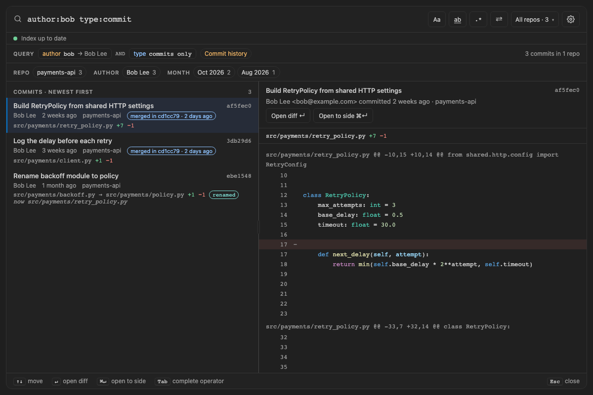 Built panel for history-renames: with index.mergedBranches, Bob's branch commits marked merged in