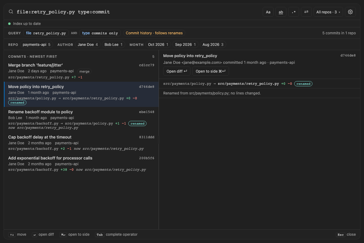 Built panel for history-renames: file:retry_policy.py lists the file's commits under every name, renames marked
