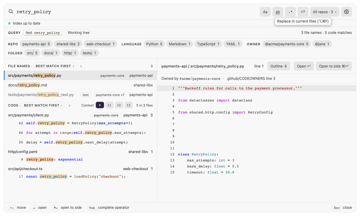 Built panel for hover-labels: the mouse resting on ⇄ shows Replace in current files, under Light Modern