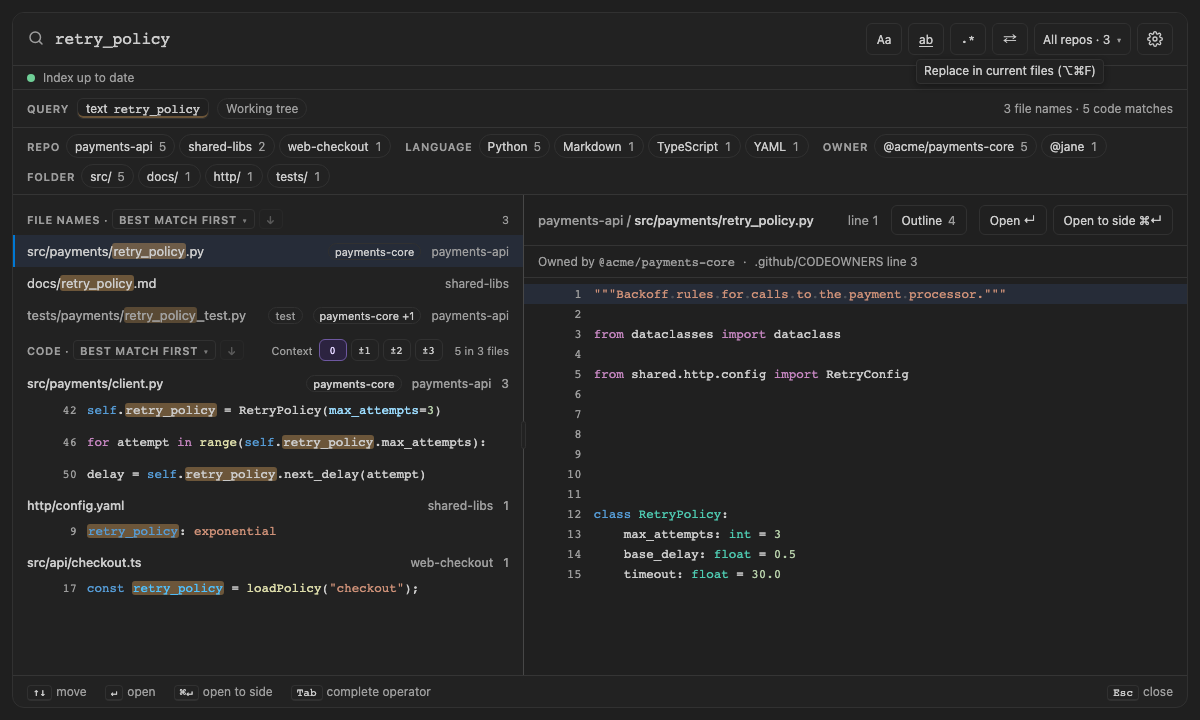 Built panel for hover-labels: the mouse resting on ⇄ shows Replace in current files, under Dark Modern