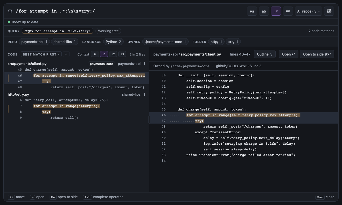 Built panel for multiline-regex: /for attempt in .*:\n\s*try:/ with ±1