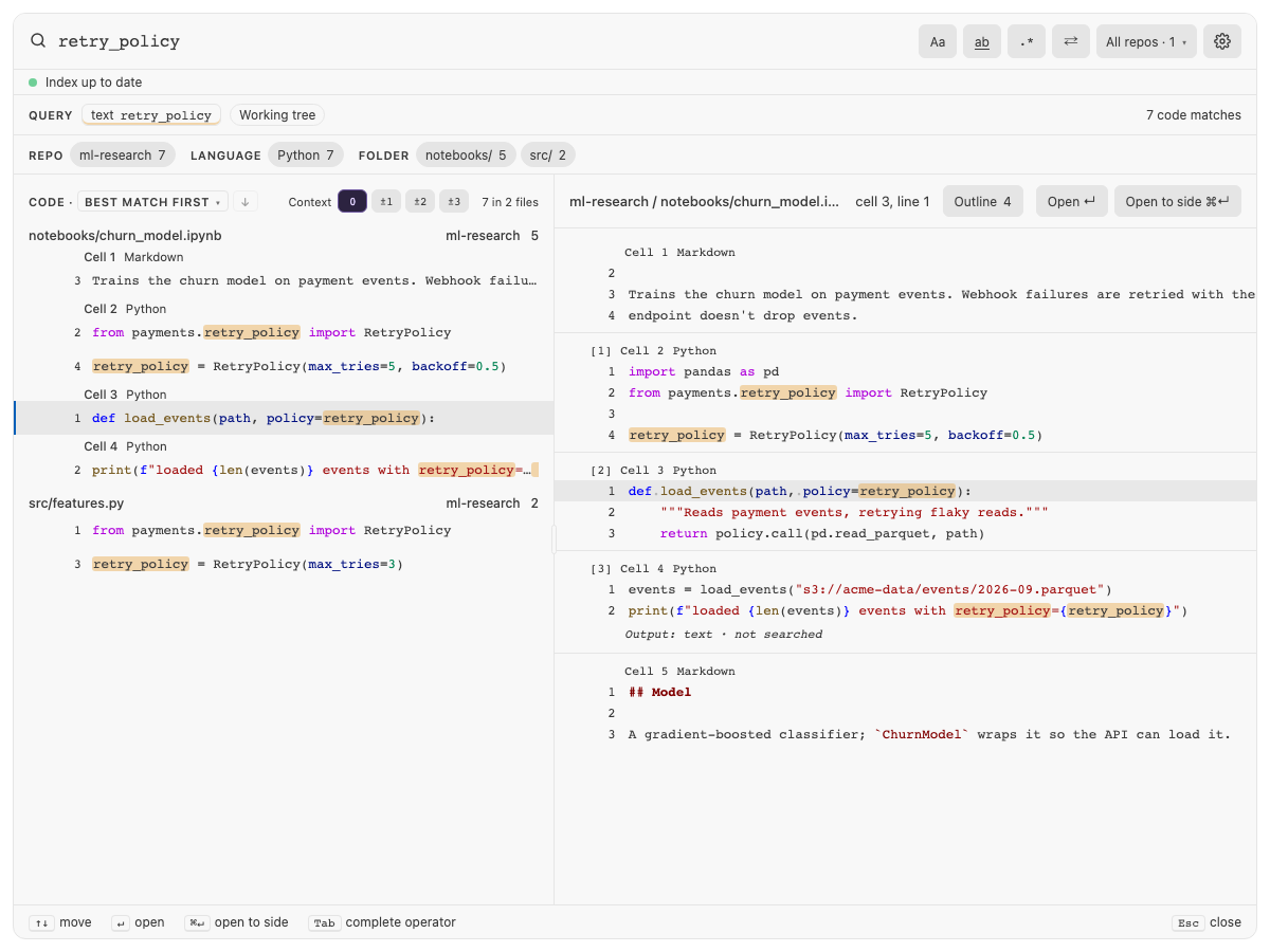 Built panel for notebook-cells: retry_policy in churn_model.ipynb, results under their cells and cell 3 previewed, under Light Modern