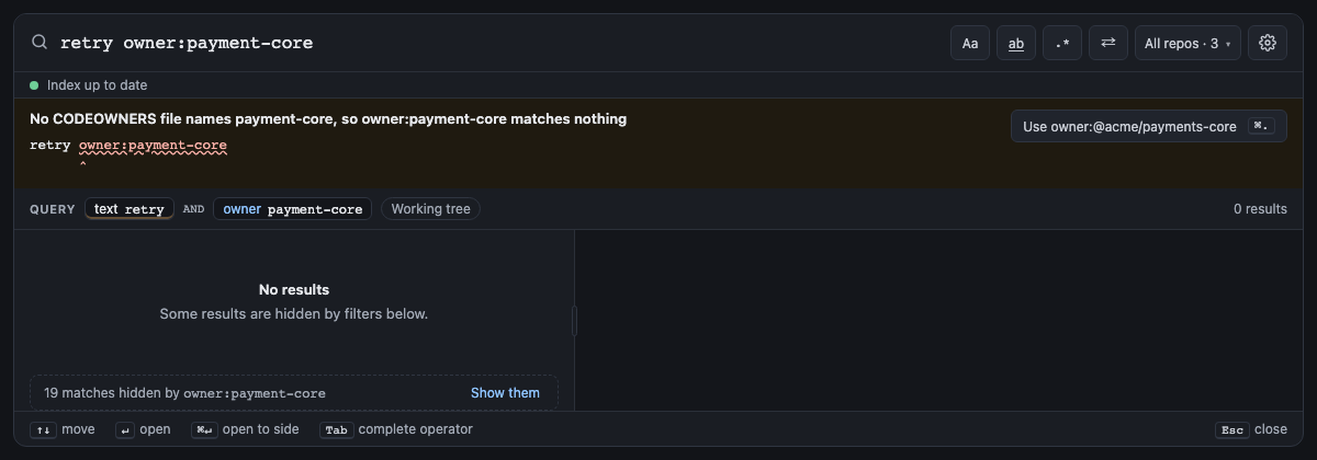 Built panel for owner-filter: retry owner:payment-core warns and offers owner:@acme/payments-core