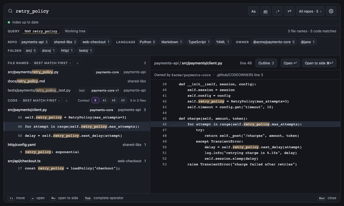 Built panel for plain-text-search