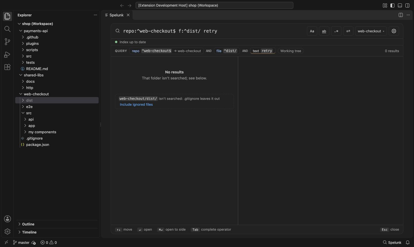 Built panel for search-in-folder: dist/ isn't searched, .gitignore leaves it out, under Dark Modern