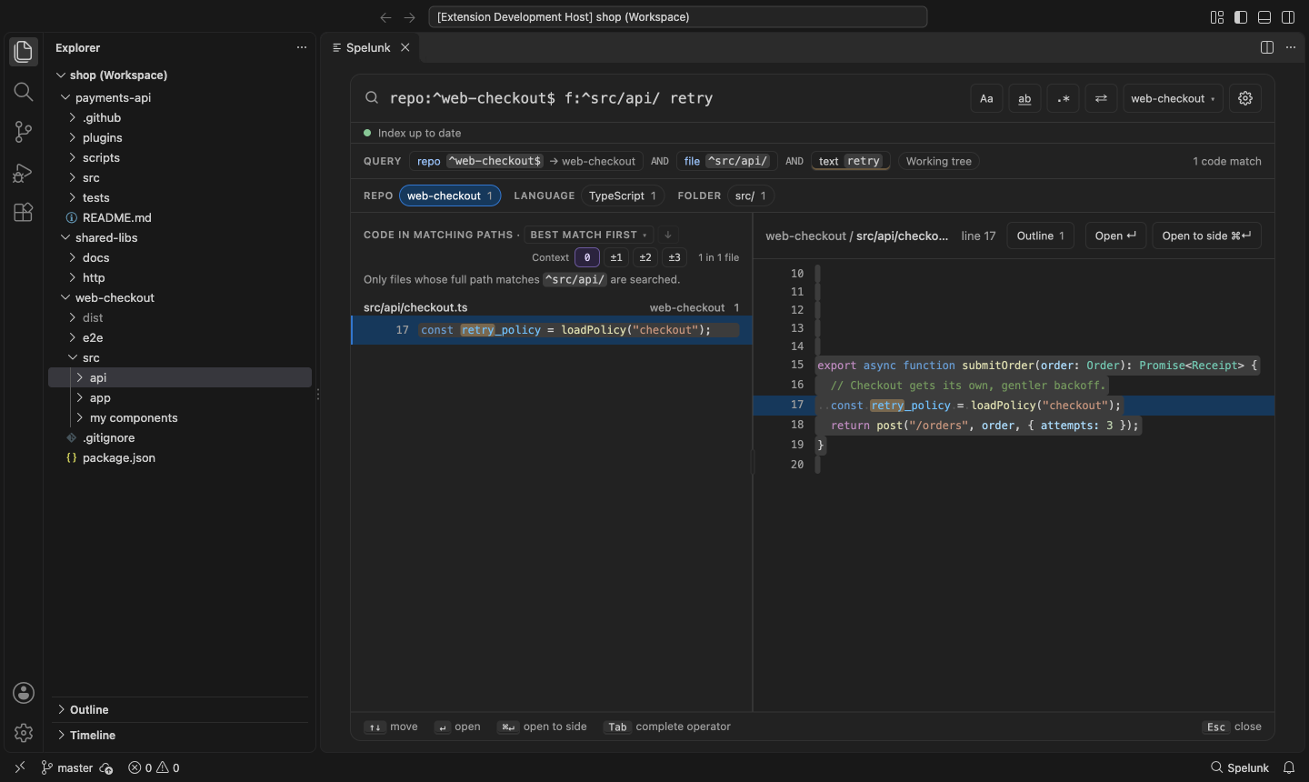 Built panel for search-in-folder: Search in Folder with Spelunk on web-checkout's src/api, with retry typed, under Dark Modern