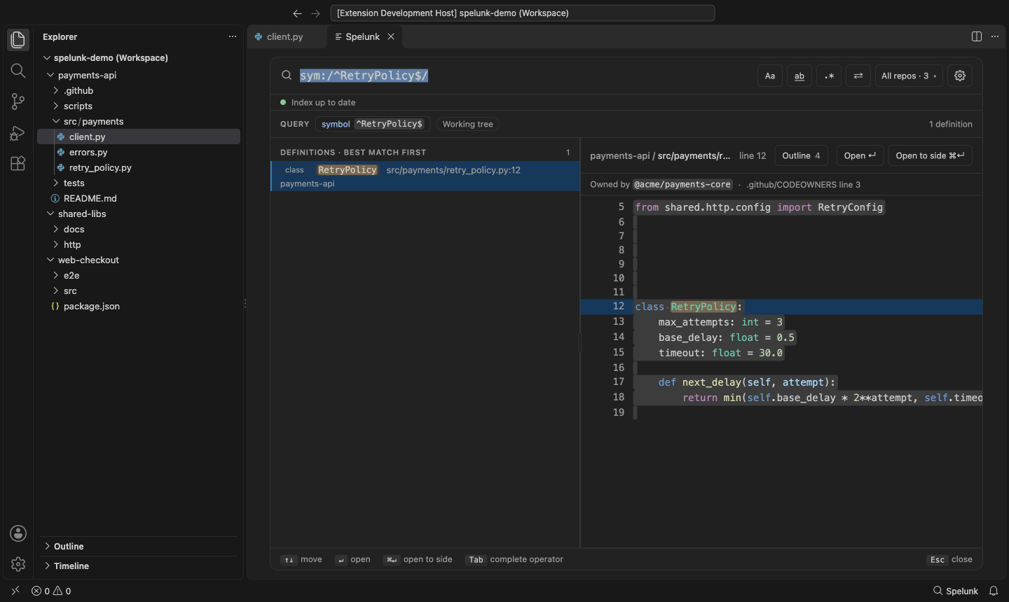 Built panel for seed-from-editor: Find Definitions on RetryPolicy, under Dark Modern