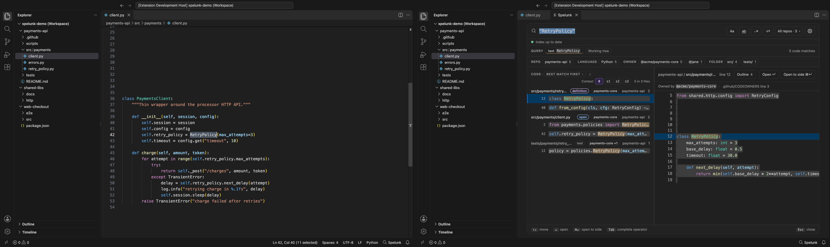 Built panel for seed-from-editor: RetryPolicy selected in client.py, then searched, under Dark Modern