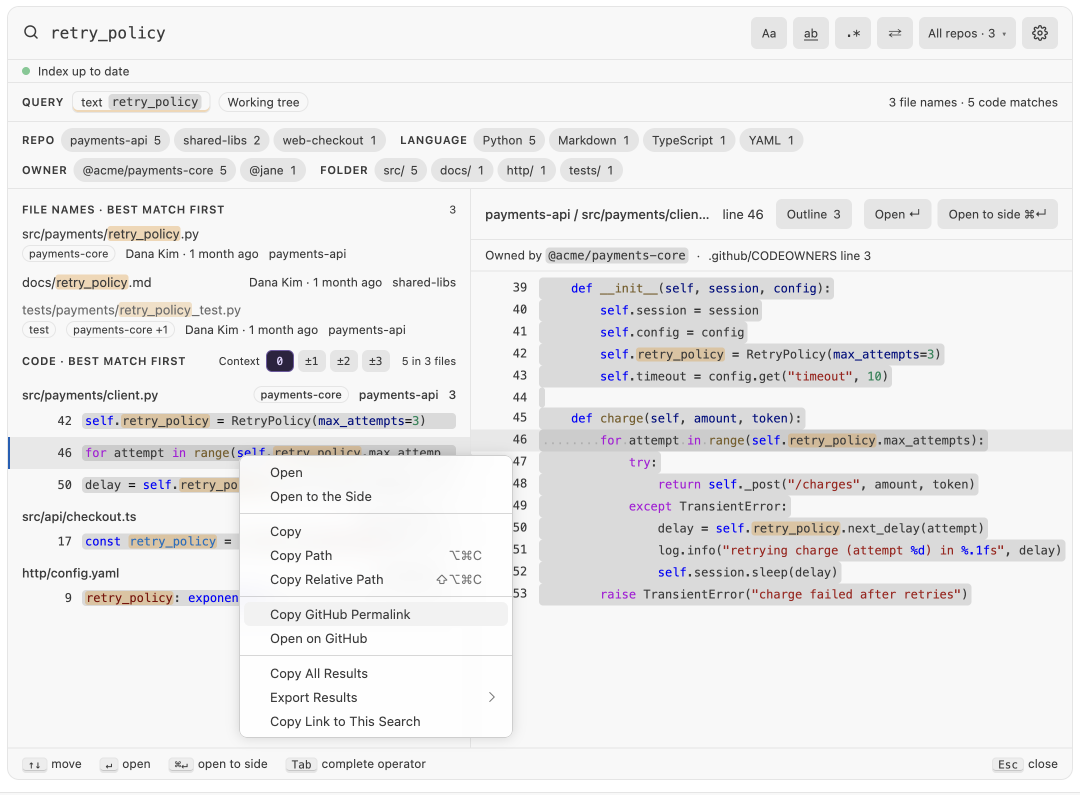 Built panel for share-result: retry_policy's result menu in VS Code, Copy GitHub Permalink chosen, under Light Modern