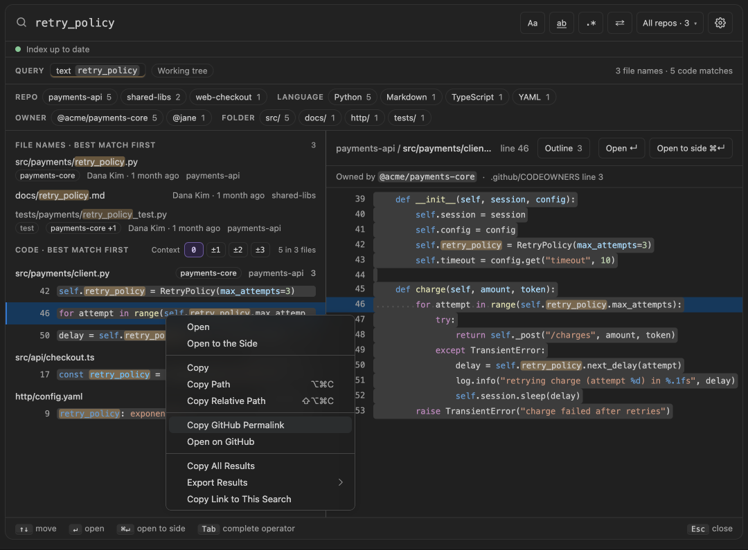 Built panel for share-result: retry_policy's result menu in VS Code, Copy GitHub Permalink chosen, under Dark Modern