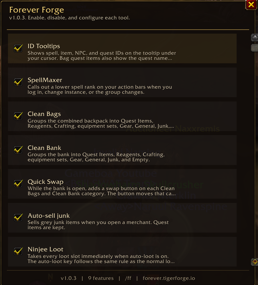 The Forever Forge menu