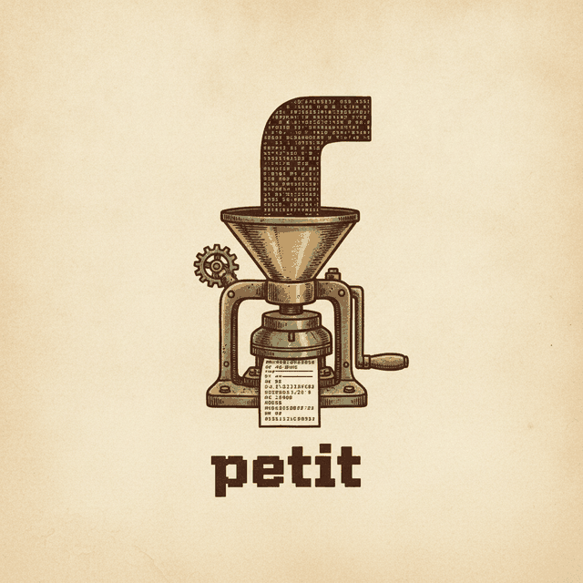 petit: a brass log press turning a long column of log text into a short slip
