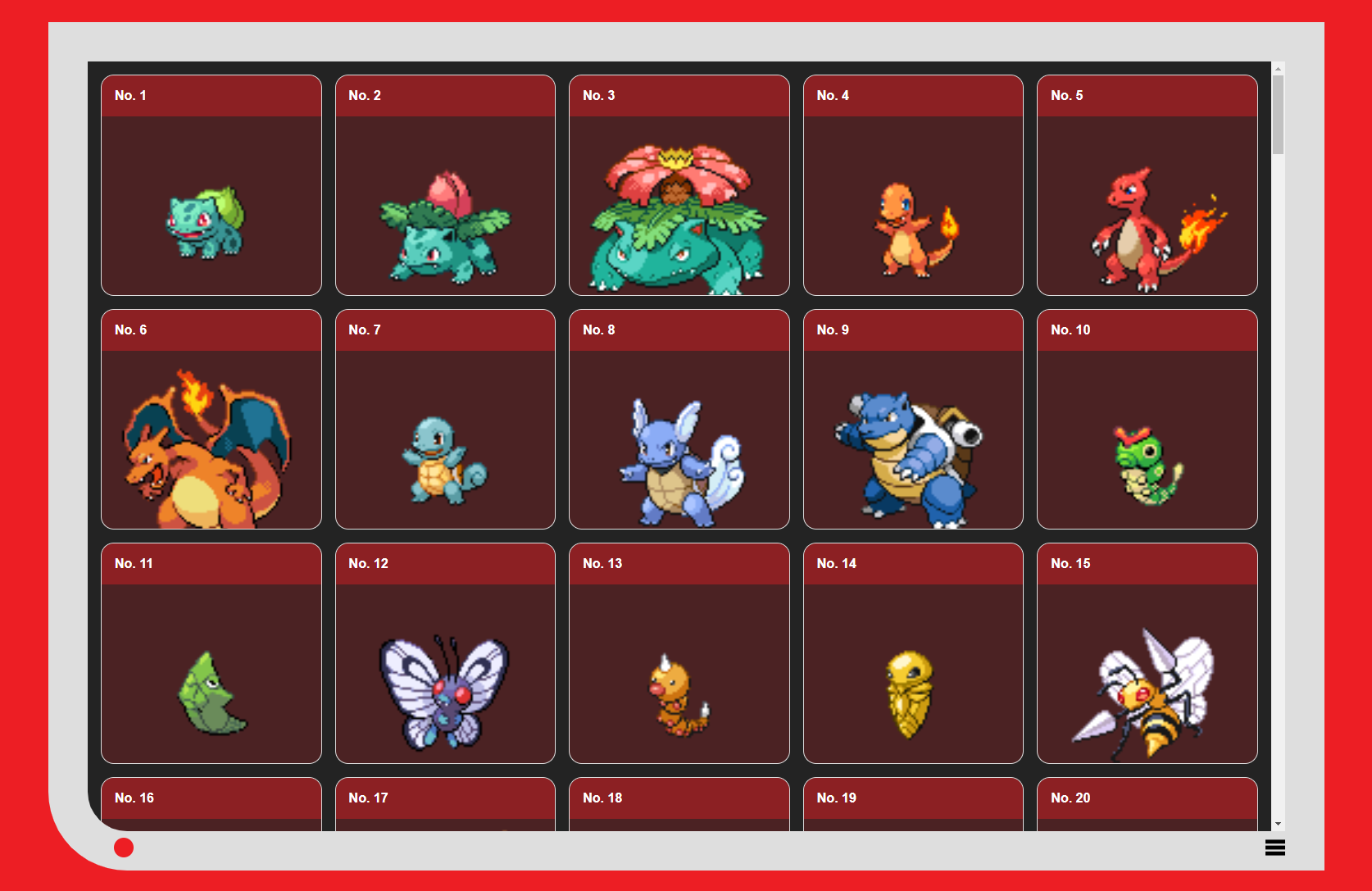 A list of the original 150 pokemon with a picture of each