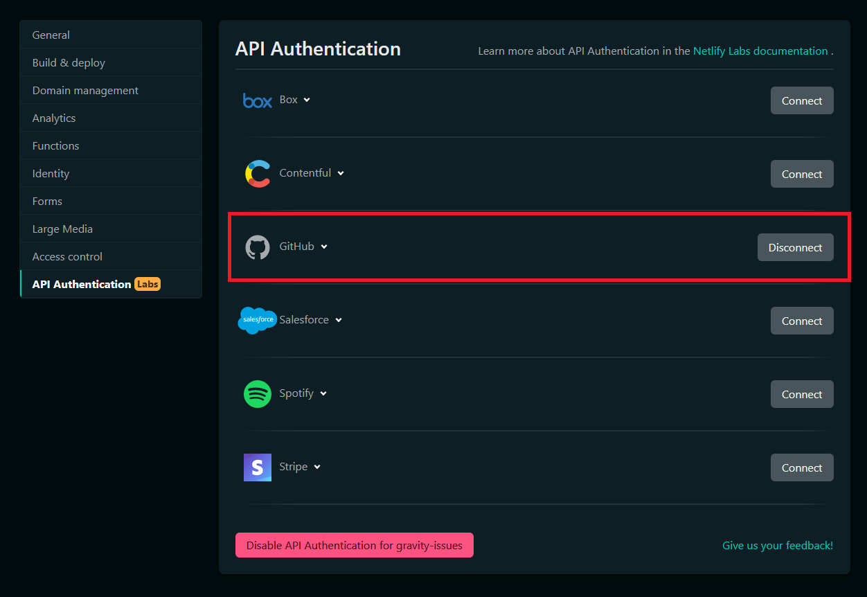 GitHub enabled as a connection in Netlify API Authentication