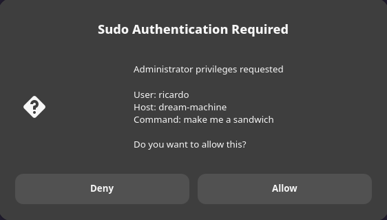 Sudo approval dialog showing a command about to run, with Deny and Allow buttons
