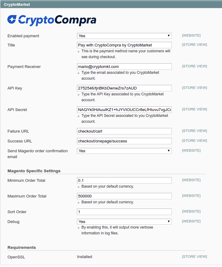 CryptoCompra Magento Settings