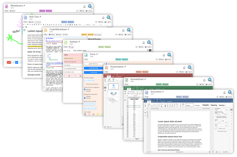 all CyptPad applications: Document, Sheet, Presentation, Form, Kanban, Code, Rich Text, Whiteboard Suite screenshots
