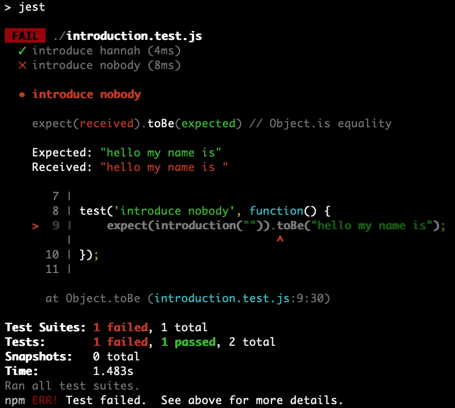 npm test output showing that one test has failed