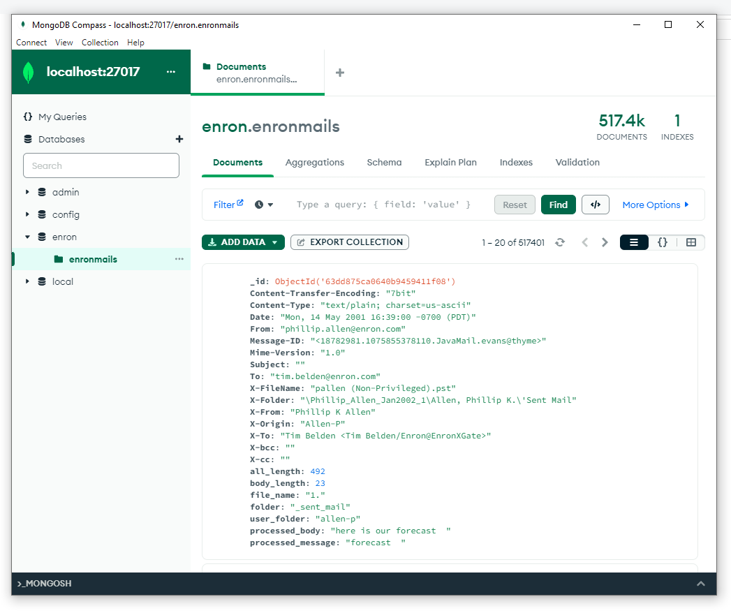 Enron MongoDB Compass